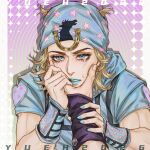  2boys arm_warmers beanie blonde_hair blue_arm_warmers blue_eyes blue_hat blue_hoodie blue_lips blue_nails commentary crying english_commentary gyro_zeppeli hand_on_another's_face hat highres hood hood_down hoodie horse_print horseshoe_hat_ornament horseshoe_ornament johnny_joestar jojo_no_kimyou_na_bouken looking_at_viewer makeup male_focus medium_hair multiple_boys pov pov_hands purple_arm_warmers solo_focus star_(symbol) star_print steel_ball_run tears yueh 
