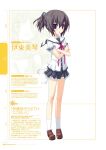  1girl :o black_hair character_name character_profile cocked_eyebrow crossed_arms full_body hair_tie highres itou_mikoto koiiro_soramoyou lucie pink_ribbon ponytail purple_eyes ribbon school_uniform shoes short_hair short_ponytail socks solo standing white_socks 