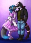  2020 absurd_res anthro anthro_on_anthro armwear big_fangs black_body black_boots black_clothing black_footwear black_fur black_tail blue_bottomwear blue_clothing blue_eyes blue_hair blue_pants blue_tail boots bottomwear canid canine claws clothed clothing collar crossdressing dated dipstick_tail dress duo ears_back fangs femboy footwear french_kissing fur gradient_background green_clothing green_tongue green_topwear grey_tail hair hi_res hufnaar kissing legwear maid_uniform male male/male mammal markings open_mouth pants pattern_armwear pattern_clothing pattern_legwear pink_armwear pink_clothing pink_collar pink_dress pink_legwear pink_tongue pivoted_ears red_body red_eyes red_fur red_hair red_tail shoes short_hair side_view simple_background standing striped_armwear striped_clothing striped_legwear striped_markings striped_tail stripes tail tail_markings teeth toe_claws tongue topwear uniform white_armwear white_body white_claws white_clothing white_fur white_hair white_legwear 