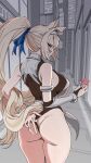  1girl absurdres animal_ears arm_behind_back ass bare_shoulders blonde_hair blue_eyes blush breasts closed_mouth commentary condom condom_wrapper cowboy_shot from_behind hairband highres holding holding_condom horse_ears horse_girl horse_tail large_breasts long_hair looking_at_viewer looking_back metal_hairband ponytail radiocupcake sigrid_de_l'azur solo tail zenless_zone_zero 