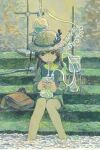  1girl absurdres bag beaker black_eyes braid brown_hair dress flask green_dress hair_between_eyes hat highres holding intravenous_drip ktm_r_mtk long_sleeves original round-bottom_flask sitting sitting_on_stairs soaking_feet solo stairs straw_hat test_tube twin_braids water 