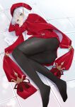  1girl absurdres bangs beret black_legwear breasts brooch caren_hortensia caren_hortensia_(amor_caren) dress fate/grand_order fate_(series) feet hat highres jewelry legs long_hair long_sleeves looking_at_viewer lying mishima_ryo neck_ribbon on_side pantyhose red_dress red_headwear ribbon shawl small_breasts wavy_hair white_hair yellow_eyes 