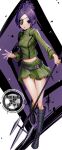  1girl breasts chrome_dokuro closed_mouth commentary_request eyepatch full_body green_shirt green_skirt highres katekyo_hitman_reborn! looking_at_viewer medium_breasts nakano_maru navel purple_eyes purple_hair shirt skirt solo watermark 