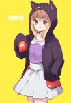  1girl animal_hands animal_hood black_hoodie blonde_hair cat_hood cat_paws commentary_request feet_out_of_frame hand_in_pocket hood hooded_jacket hoodie jacket light_smile maribel_hearn purple_shirt shirt shukinuko skirt touhou white_skirt yellow_background yellow_eyes 