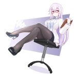  .live 1girl absurdres black_legwear carro_pino chair commentary_request full_body glasses highres looking_at_viewer pantyhose purple_eyes purple_hair simple_background sirotsumekusa sitting smile solo virtual_youtuber voizerick white_background 