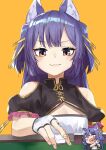  .live 1girl :3 absurdres animal_ears breasts cleavage fingerless_gloves gloves hair_ornament haruyuki_(gffewuoutgblubh) highres laughing mahjong mahjong_tile portrait purple_hair rurun_rururica small_breasts smug solo table virtual_youtuber wolf_ears yellow_background 