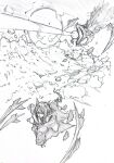  1girl arknights commentary_request crystal_horns energy_beam graphite_(medium) gravel greyscale hatching_(texture) highres horns linear_hatching long_sleeves looking_ahead mon3tr_(arknights) mon3tr_(summon)_(arknights) monochrome monster senpuki sidelocks sleeves_past_wrists tail traditional_media 