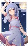  1girl absurdres animal_ears blue_dress blue_hair blush closed_mouth commentary_request crescent_print dress egasumi frilled_dress frills full_moon highres kemomingg kine looking_at_viewer mallet medium_hair moon outline petticoat rabbit_ears rabbit_girl red_eyes seiran_(touhou) short_sleeves solo star_(sky) star_(symbol) star_print touhou white_outline 