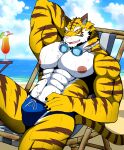  2021 abs amber_eyes anthro beach bearlovestiger13 beverage biceps bulge chair claws clothed clothing cloud dragonblast eyewear felid finger_claws fur furniture goggles goggles_around_neck hand_behind_back hi_res male mammal muscular muscular_anthro muscular_male nipples open_mouth outside pantherine pecs quads reclining sangetsu sea seaside sitting skimpy sky solo speedo striped_body striped_fur stripes swimwear tiger triceps water wet wet_body wet_fur 