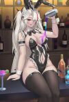  1girl :q absurdres alcohol animal_ears armband azur_lane bar_(place) black_leotard black_thighhighs breasts clothing_cutout cocktail_glass commentary commission cross cup ddknai drinking_glass eyes_visible_through_hair fake_animal_ears feet_out_of_frame frilled_armband frilled_leotard frills hair_over_one_eye highres iron_cross large_breasts leotard long_hair looking_at_viewer mole mole_on_breast multicolored_hair navel navel_cutout official_alternate_costume pixiv_commission playboy_bunny pouring pouring_onto_self prinz_eugen_(azur_lane) prinz_eugen_(between_tipsiness_and_a_wager)_(azur_lane) red_streaks single_hair_streak sitting solo streaked_hair thighhighs tongue tongue_out very_long_hair whiskey white_hair white_wrist_cuffs wrist_cuffs 