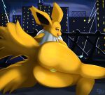  2021 anthro anthrofied big_butt black_body black_fur black_nose blue_pussy breasts building butt cloud eeveelution female fence fur genitals half-closed_eyes hi_res isyld jolteon licking licking_lips light lightning lightning_bolt looking_at_viewer looking_back looking_back_at_viewer lying multicolored_body multicolored_fur narrowed_eyes neck_tuft night nintendo nude outside pok&eacute;mon pok&eacute;mon_(species) pok&eacute;morph presenting presenting_hindquarters purple_eyes pussy rooftop sky skyscraper smile solo tongue tongue_out tuft video_games white_body white_fur window yellow_body yellow_fur 