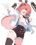  1girl ahoge aqua_jacket bare_shoulders black_hairband black_thighhighs blue_eyes blue_necktie breasts center-flap_bangs finger_gun hair_intakes hairband headgear high-waist_shorts holding holding_microphone ichien_ekaki idol idol_clothes jacket lishenna_(shadowverse) long_hair looking_at_viewer mechanical_ears medium_breasts microphone multicolored_jacket necktie one_eye_closed open_mouth orange_hair shadowverse shadowverse:_worlds_beyond shirt shorts sleeveless sleeveless_shirt smile solo standing thighhighs two-tone_jacket very_long_hair white_jacket white_shirt 
