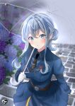  1girl absurdres blue_eyes blue_hair blush breasts chize commentary_request flower gotland_(kancolle) hair_between_eyes hair_bun highres holding holding_umbrella hydrangea kantai_collection long_hair long_sleeves looking_at_viewer medium_breasts mole mole_under_eye one-hour_drawing_challenge outdoors ponytail rain shirt solo transparent transparent_umbrella umbrella water_drop wet 