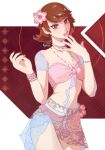  1girl :q alternate_costume bead_bracelet beads bikini bracelet breasts brown_eyes brown_hair choker cleavage collarbone commentary cowboy_shot earrings ellphii english_commentary eyelashes flipped_hair flower hair_flower hair_ornament highres jewelry lips looking_at_viewer midriff navel necklace pearl_earrings persona persona_3 pink_bikini pink_flower pink_lips pink_nails sarong see-through_clothes see-through_sarong short_hair small_breasts solo stomach stud_earrings swimsuit takeba_yukari tongue tongue_out 