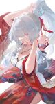  1girl absurdres bare_shoulders breasts cleavage colored_eyelashes hakama hakama_skirt high_ponytail highres hiyuki_(wuthering_waves) japanese_clothes jewelry large_breasts long_hair looking_at_viewer mole mole_under_eye mouth_hold necklace nontraditional_miko off_shoulder ponytail red_eyes red_hakama red_ribbon revision ribbon ribbon_in_mouth shin_oooooo sidelocks skirt solo white_background white_eyelashes white_hair wuthering_waves 