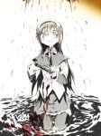  1girl akemi_homura bleeding blood bloody_clothes bloody_tears collared_shirt crying crying_with_eyes_open grey_eyes greyscale gun hatching_(texture) holding holding_gun holding_weapon kneeling linear_hatching long_sleeves mahou_shoujo_madoka_magica monochrome neck_ribbon pantyhose rain ribbon sad samidare seiza shirt sitting skirt smile solo spot_color tears weapon white_background white_shirt wing_collar 