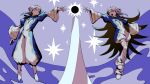  1boy 1girl avogado6 black_hair blue_nails boots brother_and_sister circlet closed_mouth commentary_request eclipse facial_mark flipped_hair floating furueboshi_(vocaloid) haiyoru_sie haiyoru_siga highres juliet_sleeves jumpsuit long_hair long_sleeves looking_at_another medium_hair multicolored_hair obelisk open_mouth outstretched_arm pants pants_tucked_in pink_eyes puffy_pants puffy_sleeves purple_background purple_streaks reaching reaching_towards_another ribbed_jumpsuit ribbed_thighhighs romper siblings smile solar_eclipse star_(symbol) streaked_hair thighhighs twins utau very_long_hair white_hair white_jumpsuit white_romper wide_sleeves 