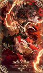  1boy 1girl armor bilingual_commentary black_pants black_vest blood blood_on_face border brown_hair card card_(medium) chinese_armor chinese_commentary coat collared_shirt commentary_request dragon_horns dragon_print duanxiaosheng1 e.g.o_(project_moon) eastern_dragon_horns english_commentary facing_viewer fire floating_hair fur-trimmed_coat fur_trim gold_border gold_trim hair_bun hair_ornament half-closed_eyes hand_on_own_stomach highres holding holding_weapon horns husband_and_wife inset_border library_of_ruina liu_association_south_uniform long_hair long_sleeves looking_at_another looking_down lowell_(project_moon) lying messy_hair mixed-language_commentary necktie on_back open_mouth ornate_border pants parted_lips project_moon red_coat red_eyes red_necktie scale_armor scales shirt short_hair tarot tarot_(medium) tarot_card the_lovers_(tarot) tie_clip too_many_watermarks very_long_hair vest watermark watermark_grid weapon white_shirt xiao_(project_moon) 