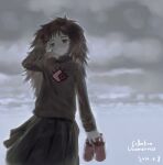  1girl black_skirt blunt_bangs blush brown_hair closed_mouth cloud cloudy_sky collective_unconscious commentary_request copyright_name dated highres holding holding_shoes holding_unworn_clothes long_hair long_sleeves messy_hair minnatsuki pleated_skirt shoes skirt sky solo sweater turtleneck turtleneck_sweater unworn_shoes xgshjsgha 