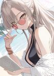  1girl beach black_choker black_one-piece_swimsuit blue_archive blue_sky book bracelet breasts brown-tinted_eyewear brown_hair choker closed_mouth commentary_request earrings halo highres holding holding_book hoop_earrings jewelry looking_at_viewer multiple_bracelets nagisa_(blue_archive) nagisa_(swimsuit)_(blue_archive) official_alternate_costume official_alternate_hairstyle one-piece_swimsuit pink_halo sand sky smile solo sunglasses swimsuit takehana_note tinted_eyewear upper_body water yellow_eyes 