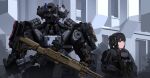  1girl absurdres ammunition_pouch armor battle_rifle black_hair building bulletproof_vest cqcnorthfish fn_scar_17 gun headphones highres holding holding_weapon mecha mechanical_arms military ohio_ordnance_hcar optical_sight original pouch rifle robot shoulder_armor tactical_clothes weapon 
