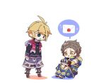  2boys black_hair blonde_hair blue_eyes brown_hair card chibi gloves hair_ornament male_focus mugimugis multiple_boys open_mouth rex_(xenoblade) short_hair shulk_(xenoblade) simple_background smile super_smash_bros. vest xenoblade_chronicles xenoblade_chronicles_(series) xenoblade_chronicles_2 