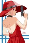  1girl artist_name backless_dress backless_outfit bare_back black_choker blonde_hair choker commentary_request dress flower gun handgun hat hat_flower highres holding holding_gun holding_weapon kakato_(heel) looking_at_viewer looking_back lycoris_recoil m1911 nishikigi_chisato purple_flower red_dress red_eyes red_hat short_hair sleeveless sleeveless_dress solo weapon 