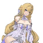 1girl blonde_hair blue_eyes breasts bunnyoki cleavage commentary cosplay detached_sleeves dress english_commentary genshin_impact grey_hairband hairband highres large_breasts long_hair looking_at_viewer mihoyo navia_(genshin_impact) remielle_dan remielle_dan_(cosplay) revision simple_background smile solo thighhighs thighs twitter_username very_long_hair white_background white_dress white_thighhighs zenless_zone_zero 