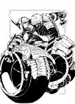  absurdres armor bandages character_request check_commentary commentary_request eye_mask fake_horns fighting_stance gears greyscale highres hockey_mask horned_headwear horns mask mask_on_head monochrome sensha_isu:_tank_chair skull_print tahira_nagi wheel wheelchair white_mask yamaji_arata 