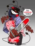  1boy alternate_universe ant_tenna apron black_pants blood blood_on_clothes blood_on_face blood_on_gloves blood_on_weapon chainsaw collared_shirt cropped_legs crt defernull deltarune electric_plug electric_plug_tail english_commentary english_text gloves heart highres holding holding_chainsaw humanoid_robot male_focus necktie object_head pants pink_apron pinstripe_pattern pinstripe_shirt pipispaints radio_antenna red_necktie robot shirt sleeves_rolled_up smile solo tail teeth twitter_username utdr_(toby_fox) weapon white_gloves 