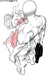  1boy 1girl absurdres bald blush breasts chip-tooth commentary curly_hair english_commentary greyscale highres md5_mismatch medium_hair monochrome muscular one-punch_man petite pink_shirt resolution_mismatch saitama_(one-punch_man) shirt short_hair small_breasts source_smaller t-shirt tatsumaki 