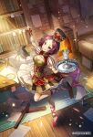  1girl ballet_slippers bed blue_eyes book bookshelf breasts brick_wall carpet cleavage commentary_request coppelia_(romancing_saga_2) cup doll_joints drinking_glass eraser fire fireplace full_body hat highres holding holding_plate hurricane_glass indoors joints mechanical_pencil mouse_(animal) official_art paper pencil picture_frame plate propeller purple_hair red_shoes romancing_saga_re;universe saga shoes short_hair smile solo standing standing_on_one_leg sticky_note sunlight table teeth tetta_(tettaakira) watermark wooden_floor 
