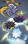  af_(afloatisland) clenched_hand commentary_request electricity gen_7_pokemon gen_8_pokemon grey_background highres motion_blur no_humans pincurchin pokemon pokemon_(creature) purple_eyes pyukumuku snom solid_circle_eyes 