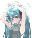  1girl ahoge animal_ears armpits arms_up artist_request bare_arms bare_shoulders blue_eyes blue_hair blue_neckwear blush cat_ears closed_mouth collared_shirt commentary_request dress_shirt eyebrows_visible_through_hair frilled_shirt_collar frills grey_shirt hair_between_eyes hatsune_miku headphones highres long_hair nail_polish necktie no_detached_sleeves paw_print shirt simple_background sleeveless sleeveless_shirt solo tears twintails upper_body vocaloid white_background 