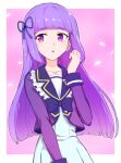  1girl :o aikatsu! aikatsu!_(series) aikatsu_stars! bangs blazer blue_dress blue_ribbon blunt_bangs blunt_ends border bow cosplay dress eyebrows_visible_through_hair hair_ribbon hand_up hikami_sumire jacket long_hair looking_away open_mouth outside_border petals pink_background purple_bow purple_eyes purple_hair purple_jacket purple_neckwear purple_sailor_collar ribbon sailor_collar school_uniform shirogane_lilly shirogane_lilly_(cosplay) sideways_glance simple_background solo upper_body white_border yoban yotsuboshi_academy_uniform 