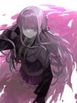  1girl bangs black_gloves black_jacket black_ribbon blunt_bangs braid breasts closed_mouth commentary_request danganronpa:_trigger_happy_havoc danganronpa_(series) from_above gloves hair_ornament hair_ribbon highres jacket kirigiri_kyouko long_hair long_sleeves looking_at_viewer necktie pleated_skirt purple_eyes purple_hair ribbon seyana shirt side_braid single_braid skirt solo wading white_shirt 