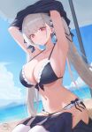  1girl absurdres armpits arms_up azur_lane beach_umbrella bikini black_bikini black_skirt blue_sky blush breasts cleavage closed_mouth cloud cloudy_sky commentary commission formidable_(azur_lane) frilled_bikini frills grey_hair hair_ornament highres large_breasts long_hair looking_at_viewer navel ocean open_clothes open_skirt pixiv_commission red_eyes royalbunny003 seiza sitting skirt sky smile solo stomach swimsuit thighs twintails umbrella under_umbrella undressing 