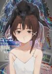  1girl animal_on_head asymmetrical_hair bird bird_on_head black_bird brown_eyes brown_hair check_bird commentary computer crow dress english_commentary expressionless glitch hair_ornament highres iwakura_lain on_head projected_inset serial_experiments_lain short_hair sleeveless sleeveless_dress solo spaghetti_strap straight-on strap_slip toshi_83momo upper_body white_dress window_(computing) x_hair_ornament 
