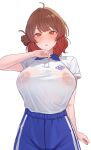  1girl ahoge blue_shorts blush breasts brown_hair commentary_request gakuen_idolmaster hanami_ume hatsuboshi_gakuen_gym_uniform highres idolmaster large_breasts looking_at_viewer medium_hair namagaki_namero nipples orange_eyes revision see-through_clothes see-through_shirt shirt shorts simple_background solo sweat wet wet_clothes wet_shirt white_background white_shirt 