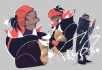  1boy aqua_eyes arm_up black_coat black_hoodie black_shoes coat commentary crossed_arms dark-skinned_male dark_skin drawstring fang from_side grey_background head_back holding holding_phone hood hooded_coat hoodie long_sleeves male_focus multiple_views open_mouth orange_hoodie pepepegle phone pokemon pokemon_sword_and_shield profile raihan_(pokemon) rotom rotom_phone shoes short_hair sideburns spiked_hair teeth tongue tongue_out two-sided_hoodie 