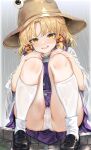  1girl animal_print blonde_hair brown_hat cameltoe commentary_request frog_print hair_ribbon hat highres houdukixx kneehighs loafers long_hair long_sleeves looking_at_viewer moriya_suwako open_mouth panties purple_skirt purple_vest rain ribbon shirt shoes signature sitting sitting_on_stairs skirt smile socks solo stairs touhou tress_ribbon underwear vest wet wet_clothes wet_panties wet_shirt wet_socks white_panties white_socks wide_sleeves yellow_eyes 