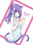  1girl animal_ears bare_arms bare_shoulders blush cat_day cat_ears cat_girl cat_tail closed_mouth commentary_request dated dress eyebrows_visible_through_hair eyes_visible_through_hair framed hair_between_eyes highres hime_mia long_hair looking_at_viewer original purple_hair red_eyes shiny shiny_hair simple_background sleeveless sleeveless_dress smile solo tail turtleneck_dress upper_body wavy_hair white_background white_dress 