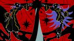  1boy 1girl avogado6 boots brother_and_sister circlet commentary_request diffraction_spikes elevation_contour_lines eyes_in_shadow face_in_shadow flipped_hair floating furueboshi_(vocaloid) haiyoru_sie haiyoru_siga high_contrast highres juliet_sleeves jumpsuit long_hair long_sleeves looking_at_another medium_hair multicolored_hair obelisk outstretched_arm pants pants_tucked_in pink_eyes puffy_pants puffy_sleeves purple_hair purple_nails purple_streaks reaching reaching_towards_another red_background ribbed_jumpsuit ribbed_thighhighs siblings star_(symbol) streaked_hair thighhighs twins utau very_long_hair wide-eyed wide_sleeves 