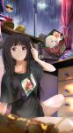  2girls black_hair blonde_hair blush commentary_request highres inoue_takina long_hair lycoris_recoil multiple_girls nishikigi_chisato purple_eyes rain red_eyes sengoku_chidori shirt short_hair smile t-shirt 