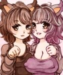  2girls :3 asymmetrical_docking bangs blush breast_press breasts brown_cardigan brown_shirt cardigan cleavage commentary_request covered_nipples eyebrows_visible_through_hair freckles gen_8_pokemon gradient_hair greedent grey_cardigan grey_hair hand_up happy large_breasts light_blush long_sleeves looking_at_viewer muguet multicolored_hair multiple_girls no_bra open_cardigan open_clothes open_mouth paw_pose personification pink_background pink_hair pokemon pokemon_(creature) purple_shirt shirt short_hair simple_background sleeveless sleeveless_shirt smile spaghetti_strap teeth upper_body 