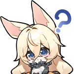  1girl :< ? artist_request blonde_hair blue_eyes chibi chibi_only chinese_commentary collar commentary_request confused faelynn_(girls'_frontline_2) fang fox_girl g41_(girls'_frontline) girls'_frontline girls'_frontline_2:_exilium highres official_art second-party_source skin_fang solo transparent_background 