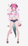  ! 1girl absurdres arknights arknights:_endfield bikini black_horns black_sandals blue_eyes blue_shorts blush breasts commentary_request cone_hair_bun double_bun fingernails full_body gradient_eyes gradient_tail green_tail hair_bun hair_intakes hair_on_horn hair_ornament hairclip heart highres horns large_breasts long_hair looking_at_viewer multicolored_eyes multicolored_hair multicolored_horns nail_polish open_mouth pink_bikini pink_hair pink_horns pink_nails pink_tail pixel_heart pointy_ears rain_525 sandals shirt short_sleeves shorts simple_background smile solo streaked_hair swimsuit tachi-e tail thighs toenail_polish toenails twintails two-tone_eyes two-tone_hair two-tone_horns two-tone_tail white_shirt yellow_eyes yvonne_(arknights) 