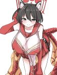  1girl animal_ear_fluff animal_ears black_eyes black_hair blue_archive blush breasts commentary_request cross-laced_clothes cross-laced_skirt elbow_gloves gloves hair_between_eyes halo highres large_breasts leaning_forward looking_at_viewer pelvic_curtain pleated_skirt raccoon_ears raccoon_girl red_gloves red_halo red_sailor_collar red_skirt rope sailor_collar school_uniform serafuku shimenawa short_hair sideless_outfit simple_background single_breast_curtain skirt sleeveless smile solo tachikaze_miyako tassel tsubaki_(blue_archive) tucking_hair white_background 