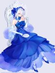  1girl alternate_costume bare_shoulders blue_dress blue_hairband blue_shoes bracelet breasts chair closed_mouth commentary_request cup dress elbow_gloves gloves grey_background grey_hair hair_over_one_eye hairband highres holding holding_cup holding_plate jewelry layered_dress long_hair looking_at_viewer medium_breasts mole mole_under_mouth necklace on_chair pearl_bracelet pearl_necklace plate pointy_ears purple_eyes shoes simple_background sitting smile solo velina_airgid white_gloves yuanweijjjj zenless_zone_zero 
