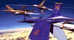 3others above_clouds ace_combat ace_combat_3 afterburner aircraft airplane batookoma canards canopy_(aircraft) cloud cloudy_sky commentary contrail day decal english_commentary fictional_aircraft fighter_jet film_grain flying from_side high_up highres jet_engine military military_vehicle multiple_others neucom_incorporated no_humans r-101_delphinus_i r-102_delphinus_ii r-103_delphinus_iii sky thrusters vehicle_focus 